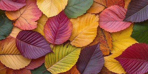 Obraz premium Colorful autumn leaves in vibrant shades of yellow, orange, red, and purple layered together, creating a rich textured background.
