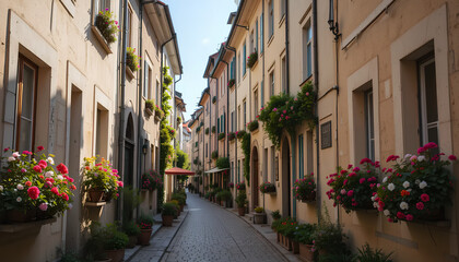 Obraz premium Charming European Alleyway Blooms with Colorful Flowers on a Sunny Day
