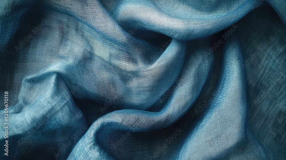 Poster Textured Soft Blue Striped Fabric Close-Up with Beautiful Drapery and Flowing Waves for Textile Background and Design Projects