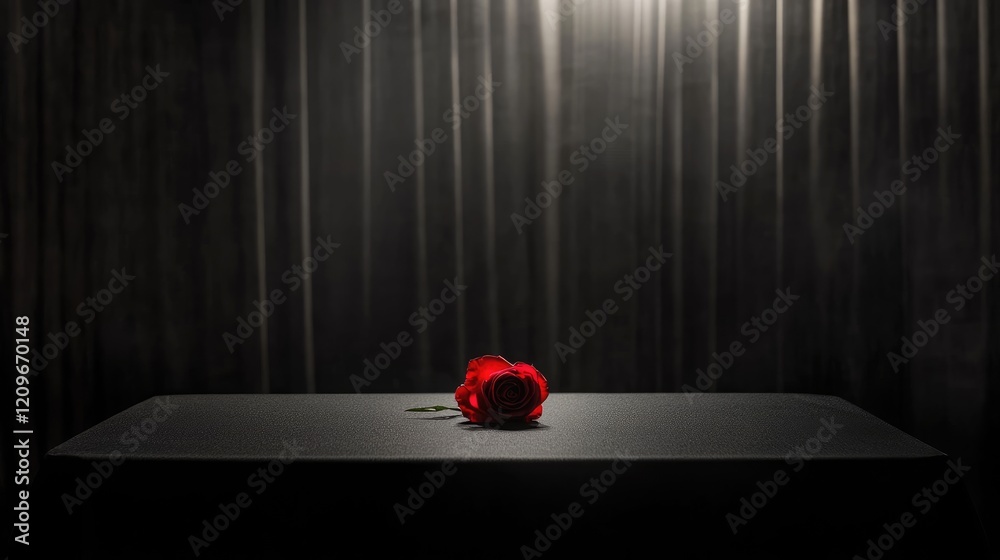 Aufkleber Elegant red rose centered on a black table with dramatic lighting and dark backdrop creating a moody atmosphere
