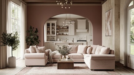 Living room with tea rose-colored sofas, a textured area rug, and a cozy kitchen nook in the background