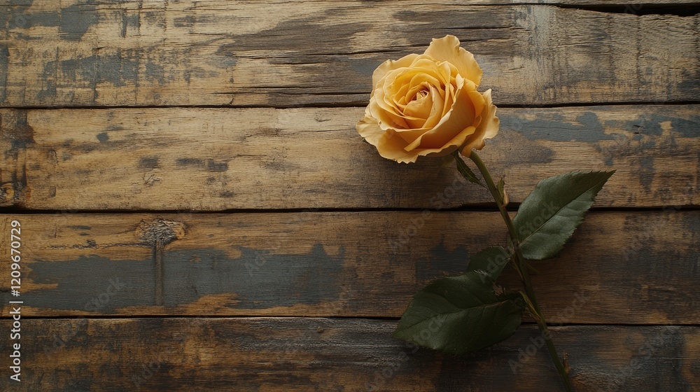 Aufkleber Single yellow rose on rustic wooden background with empty space for text or messages in a postcard style arrangement.