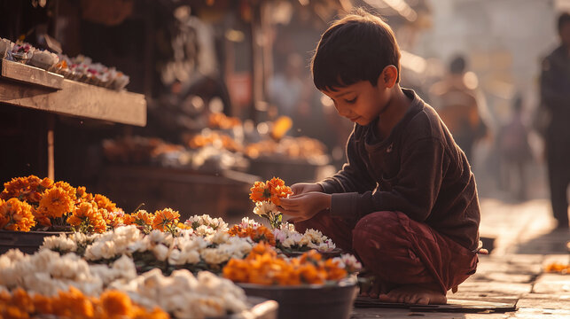 Child Selling Flowers in Busy Street Market with Colorful Stalls