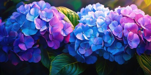 Beautiful blue and purple hydrangeas in full bloom with rich green leaves, positioned centrally and softly illuminated by natural light.