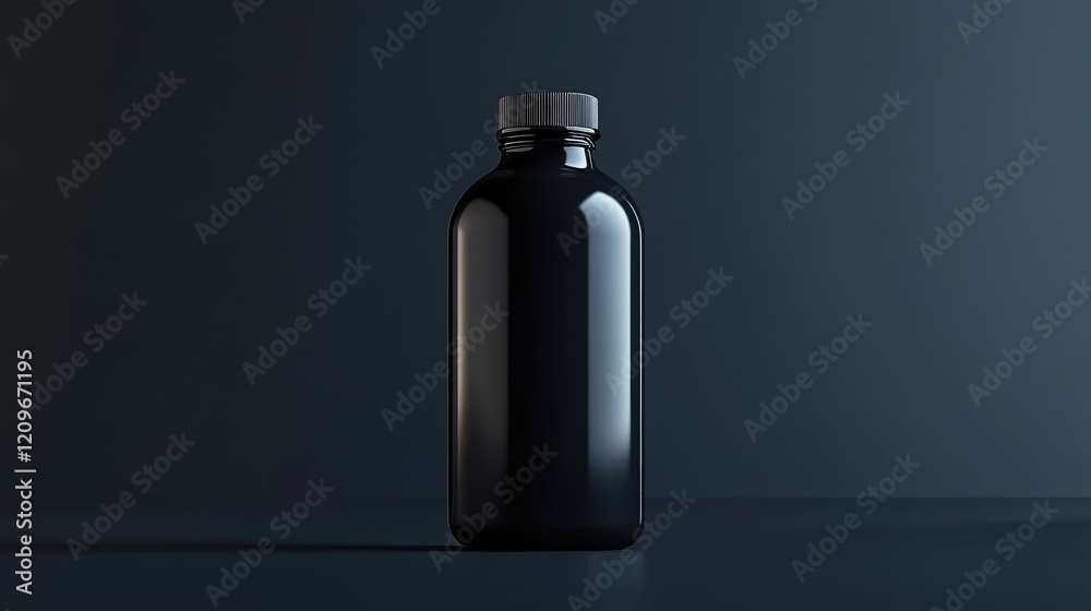 Poster glossy black glass bottle with metallic cap on smooth dark gray surface illuminated by soft lighting