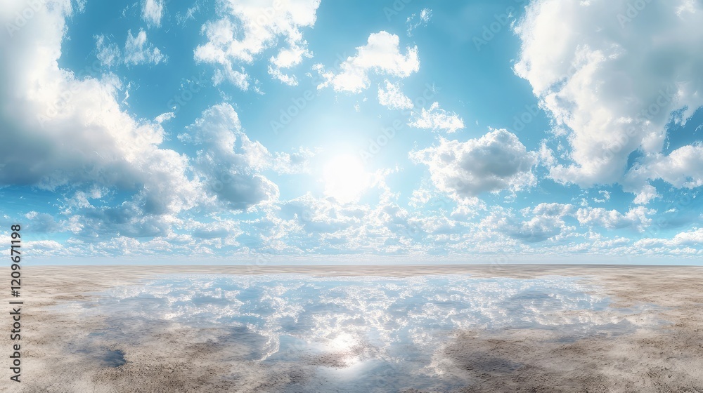 Poster panoramic view of serene sky reflections on ground with bright blue sky and soft white clouds over t