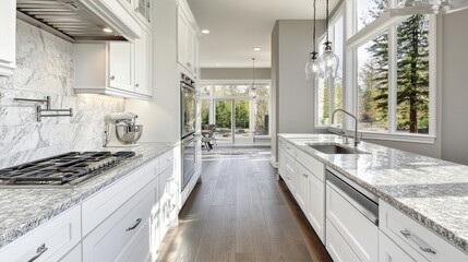 Luxurious snow-white kitchen with marble accents, pendant lighting, and spacious design in an upscale apartment