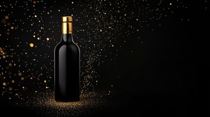 Sleek black alcohol shot bottle with gold cap on dark background with golden sparkles for beverage marketing and product promotion