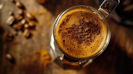 Moka pot with freshly brewed coffee on wooden surface surrounded by coffee beans and grounds