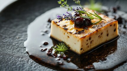 Silken tofu dessert garnished with currants and lavender syrup on a dark plate showcasing selective focus and modern presentation