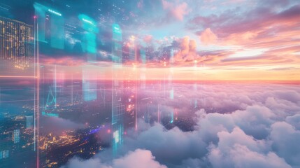 Fototapeta premium Futuristic city skyline reflected in clouds at sunset.
