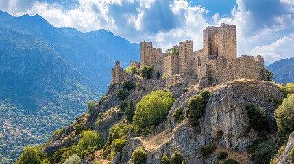 Majestic ruins of a medieval castle perched on a mountain with lush green landscape and dramatic skies in the background