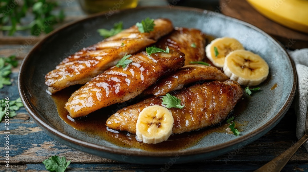 Poster skate wings sautã©ed in brown butter served with banana slices and garnished with fresh herbs on a r