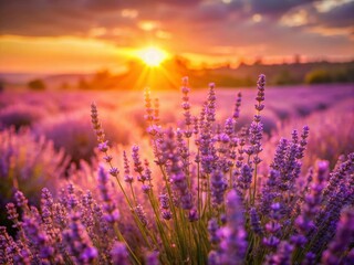 Naklejka premium Dreamy Soft Focus Lavender Field in Gentle Sunlight - Soothing Purple Flowers