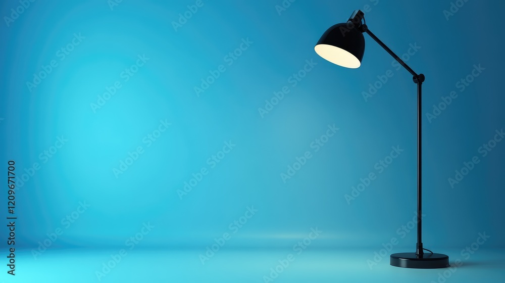 Aufkleber Modern Black Metal Desk Lamp Illuminated on Soft Gradient Blue Background in Studio Setting with Smooth Lighting Effects