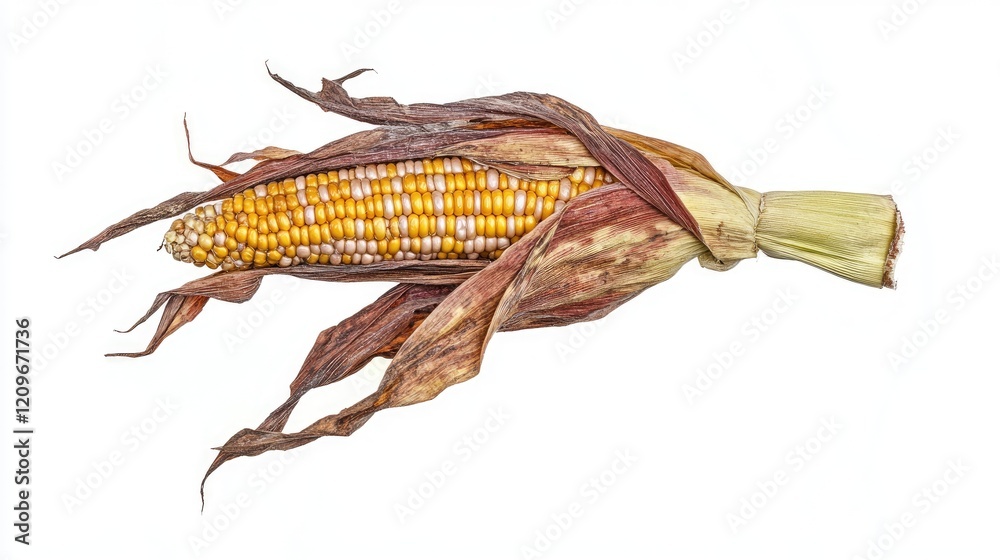 Poster ripe corn on the cob with husk isolated on white background showcasing vibrant yellow kernels and na