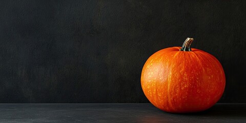 Vibrant orange pumpkin positioned to the right against a textured black background ideal for autumn themes and Halloween decor with textual space