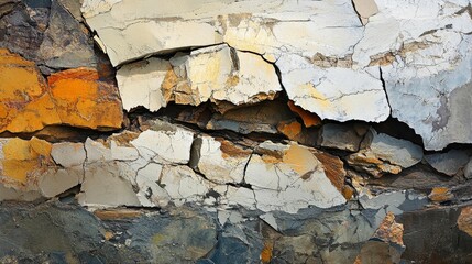 Fototapeta premium Layered, cracked rock face with varying colors visible.