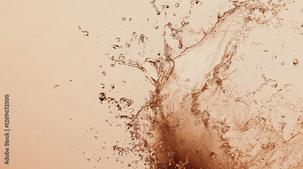 Poster Brown powder mixing with water creating splashes against a soft pastel background conveying fluidity and motion in an artistic setting