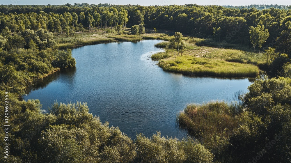 Poster serene aerial view of a lake surrounded by lush greenery and vibrant flora in a peaceful natural set