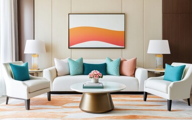 Chic modern interior featuring mocha mousse walls, vibrant teal pillows, and soft coral rugs