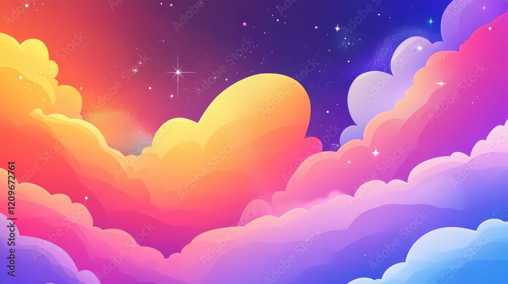 Poster vibrant rainbow cloudscape against a deep blue sky with starry twilight background in soft pastel pi