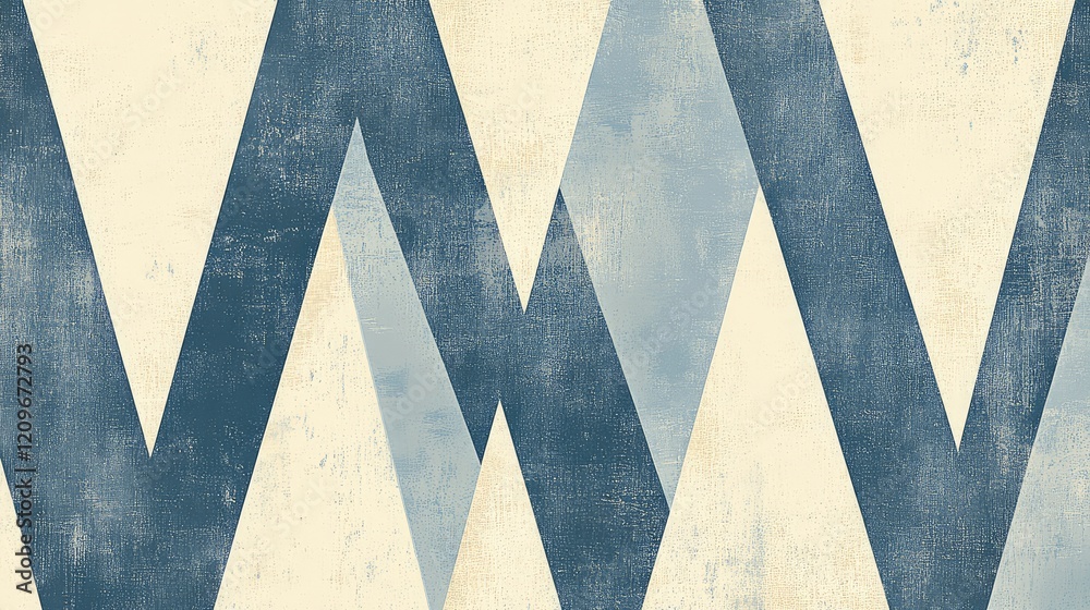 Poster Minimalist geometric pattern in slate blue and cream tones exhibiting angular designs on a textured beige background, ideal for modern decor.