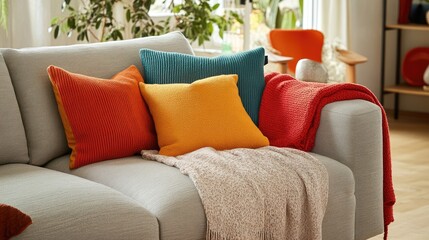 Mocha Mousse sofa set styled with cozy throws and vibrant accent pillows in a serene, open-plan living room