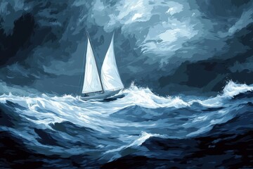 Sailboat Navigating Tempestuous Ocean Waves