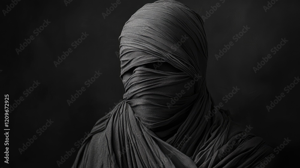 Aufkleber Mysterious figure shrouded in dark fabric creating an eerie atmosphere with minimalist monochrome styling and emphasis on light and shadow.