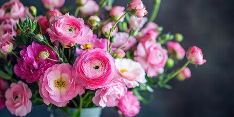 Vibrant floral arrangement with assorted pink flowers including Eustoma and Ranunculus, lush green foliage, set against a dark background.