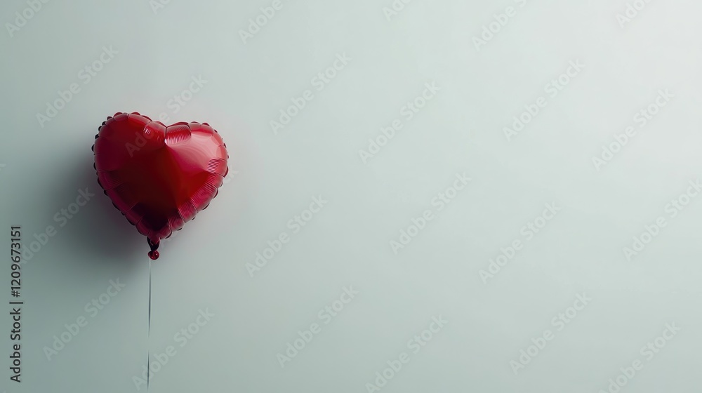 Poster single vibrant red heart-shaped balloon floating against a soft white background symbolizing love an