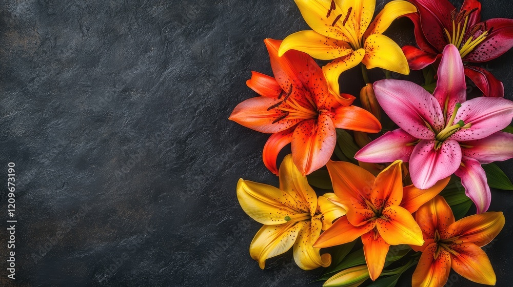 Poster vibrant asiatic lilies arrangement on dark textured background with ample negative space for elegant