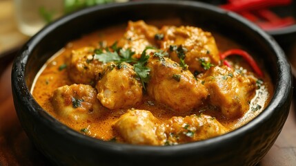 Delicious chicken curry presentation in a bowl garnished with herbs for fine dining experience in an upscale restaurant setting