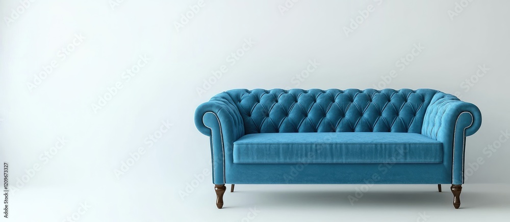 Poster elegant tufted blue sofa with modern design and soft upholstery isolated on a clean white background