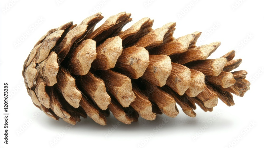 Poster Detailed close-up of a single pine cone isolated against a clean white background showcasing intricate natural textures and patterns.