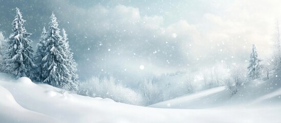 Tranquil Winter Wonderland featuring Snow-Capped Trees with Soft Grey Clouds and White Snowy Ground Ideal for Text Placement