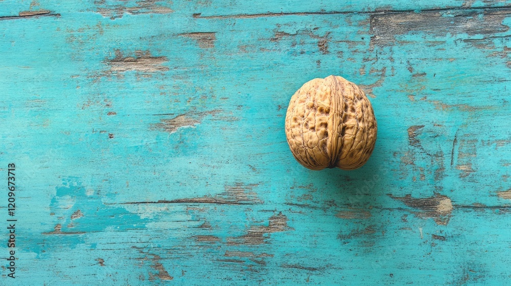 Poster walnut on rustic turquoise wood background showcasing natural texture and color contrast
