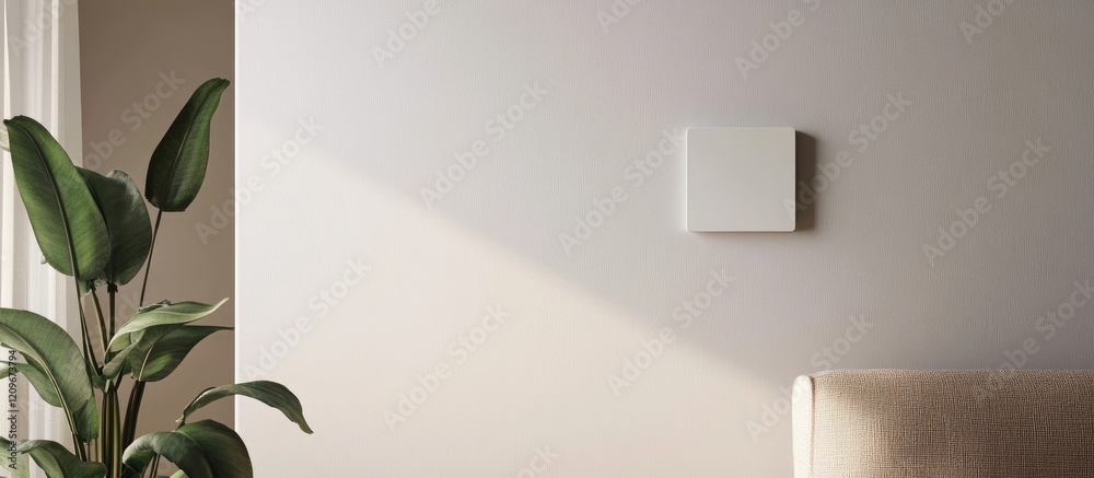 Poster minimalist light switch design mounted on a white wall with soft lighting and greenery accentuating 