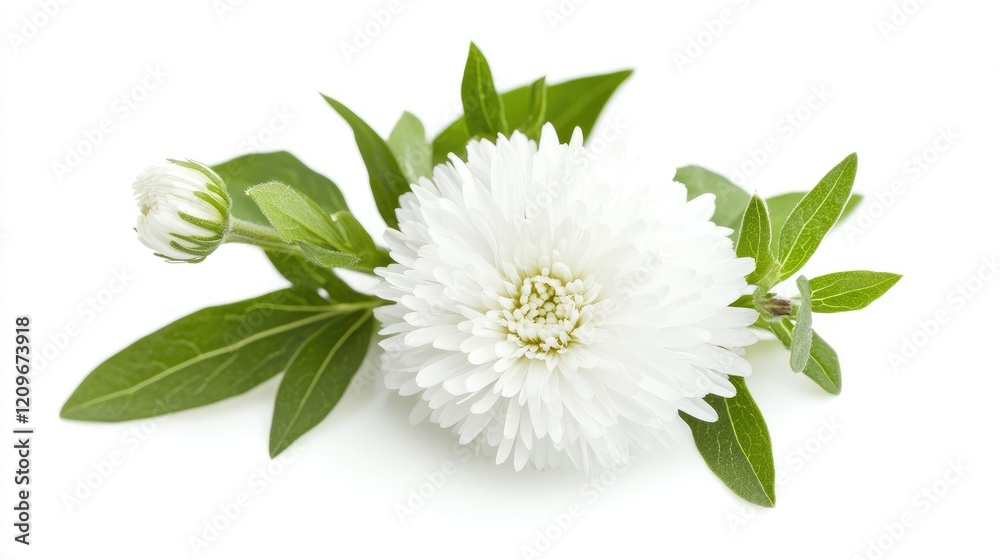 Poster Single white aster flower with leaves and unopened bud on a white background showcasing intricate petal details in a macro close-up shot
