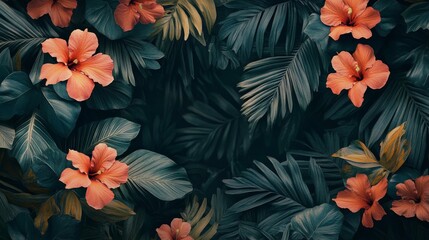 Fototapeta premium Lush Tropical Hibiscus Blooms Amidst Dark Green Foliage