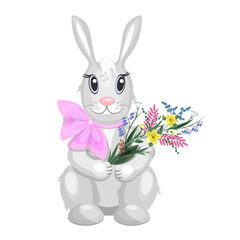 A grey rabbit with a bow around its neck and a bouquet of wildflowers, isolated on a white background.Vector bunny for holiday designs,children's textiles,postcards.