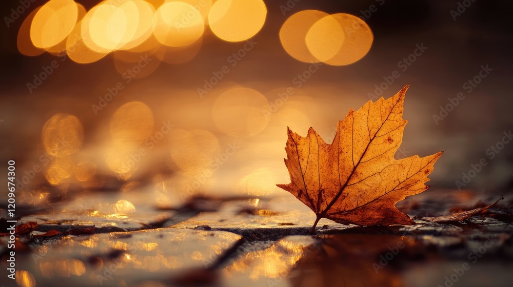 Poster autumn leaf with bokeh lights in the background creating a tranquil wellness atmosphere for lifestyl