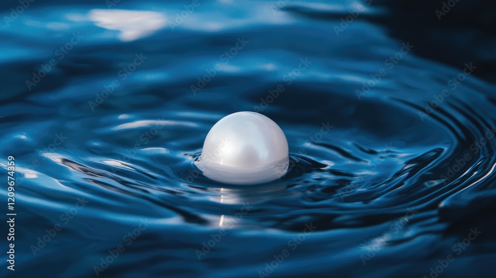 Poster single luminous pearl floating gracefully on dark blue water surface creating gentle ripples. sereni