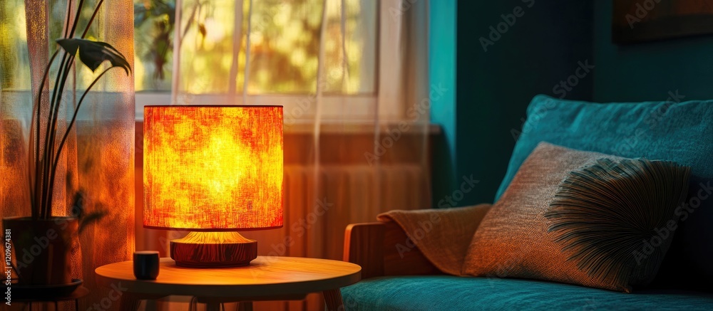 Poster vibrant electric lampshade illuminating a cozy room with unique design and warm colors creating a we