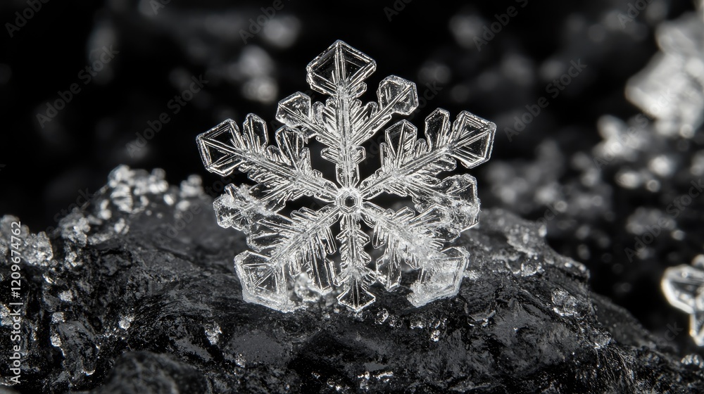 Poster macro closeup of a single delicate snowflake on dark textured background highlighting intricate snow