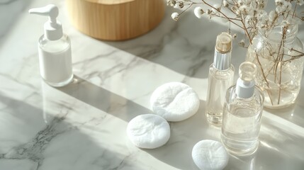 Elegant Display of Natural Organic Skin Care Products in Glass Bottles with Cotton Pads on Luxurious Marble and Wooden Surface Under Soft Natural Light