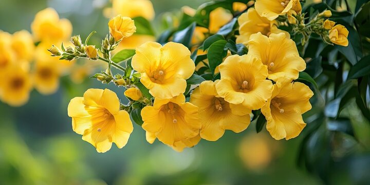 Vibrant yellow trumpetbush flowers with green leaves against a soft blurred background showcasing nature's beauty and a rich feed source for livestock