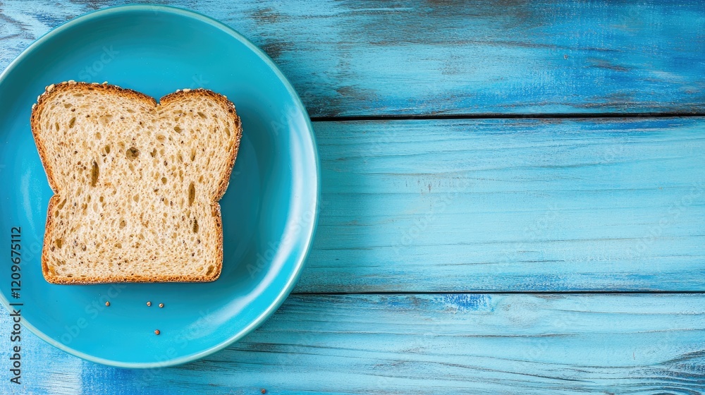 Poster whole grain soda bread slice on a blue plate with wooden background and ample space for overlaying t