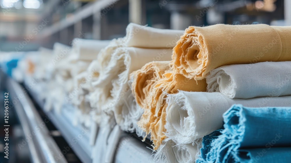 Poster cotton fabric rolls displayed in textile factory with soft textures and natural folds close up